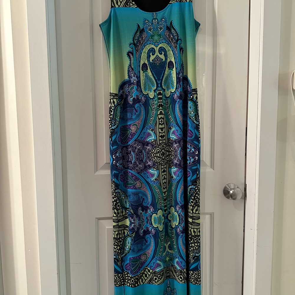 eva varro Teal Blue Green Paisley-Print Sleeveless Maxi Dress